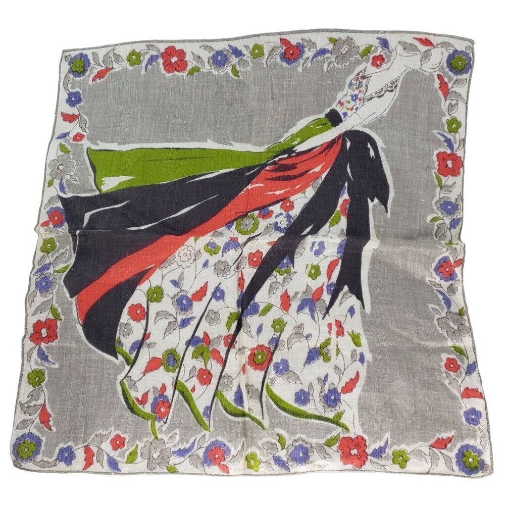 Vintage Linen Handkerchief Floral Dress Woman Silhouette Grey Red Black Purple